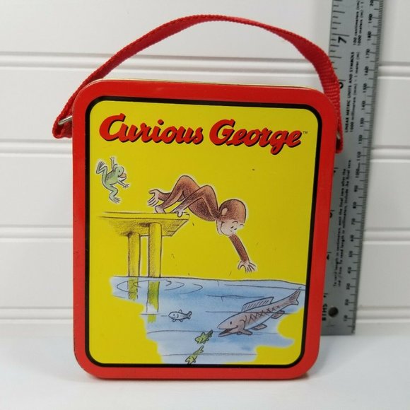 Vintage Mini Metal Lunchbox Curious George Fishing Theme Case Woven Handle - Picture 2 of 10